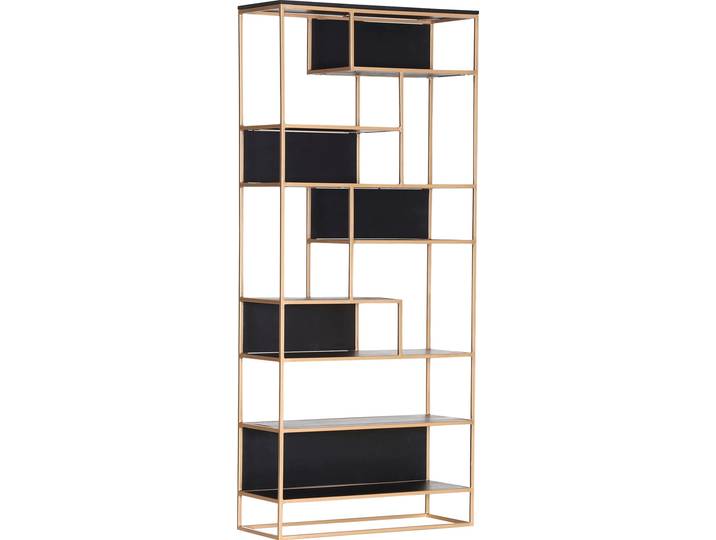Regal, Akazie & Metall, Schwarz, 87×200×35 cm, 9 Offene Fächer, Modern, Gutmann-Factory