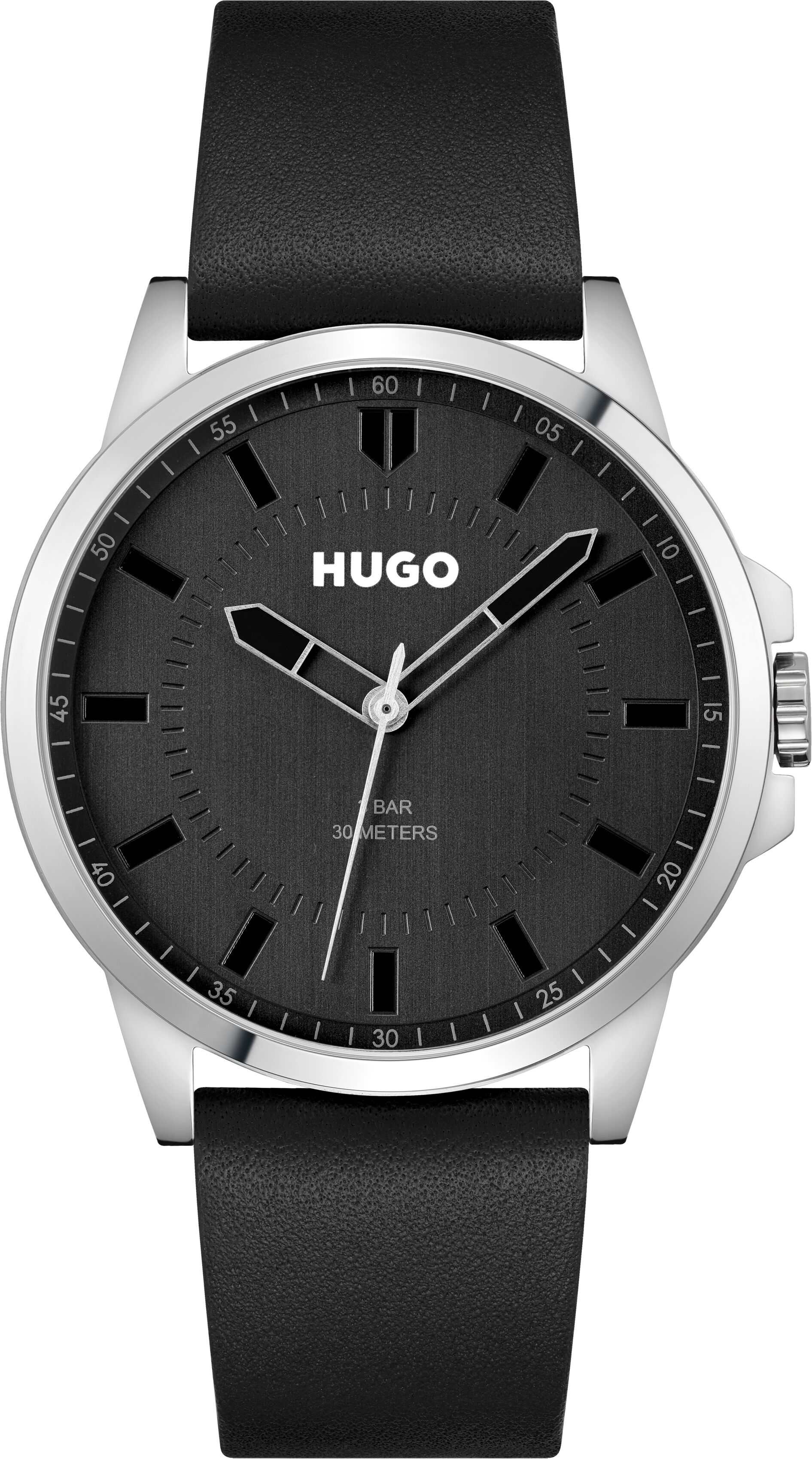 Quarzuhr HUGO "FIRST", schwarz (schwarz, schwarz), Armbanduhren, Herren, silberfarben, Quarzuhr, Armbanduhr, Herrenuhr, Mineralglas, Lederarmband