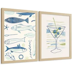 POSTER 2er Set Küchen-Wandbilder Fische Strichzeichnung und Martini Aquarell Minimalistisch Wanddeko Rahmenlos A4