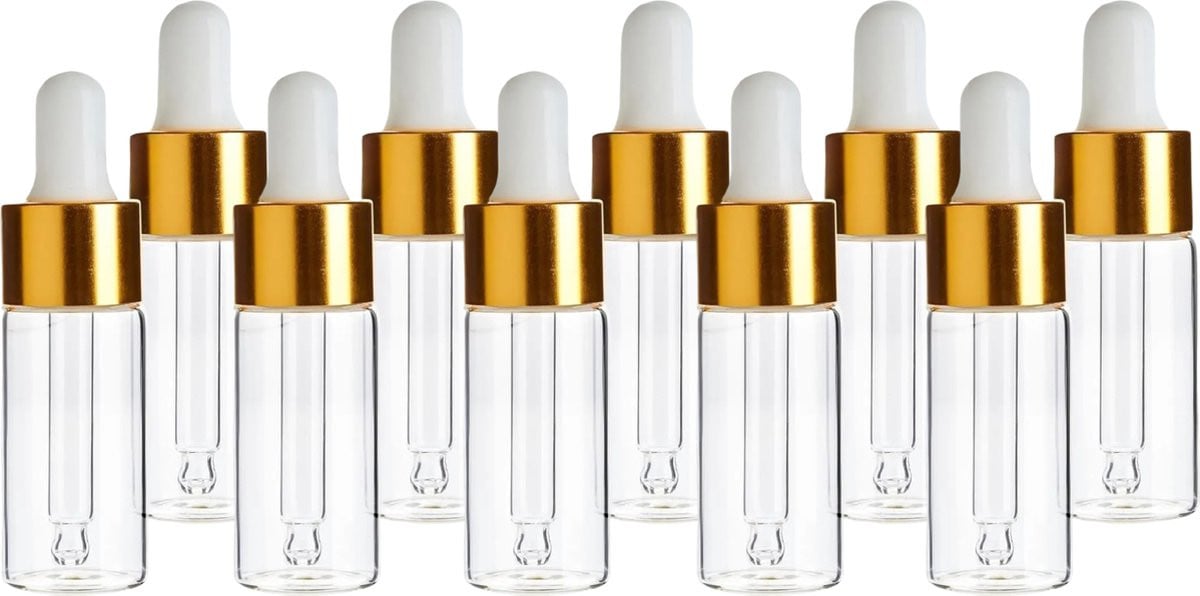 Cailean Pipetflesjes - 10 stuks - 10 ml - Goud - Glazen druppelflesjes - Transparant glas