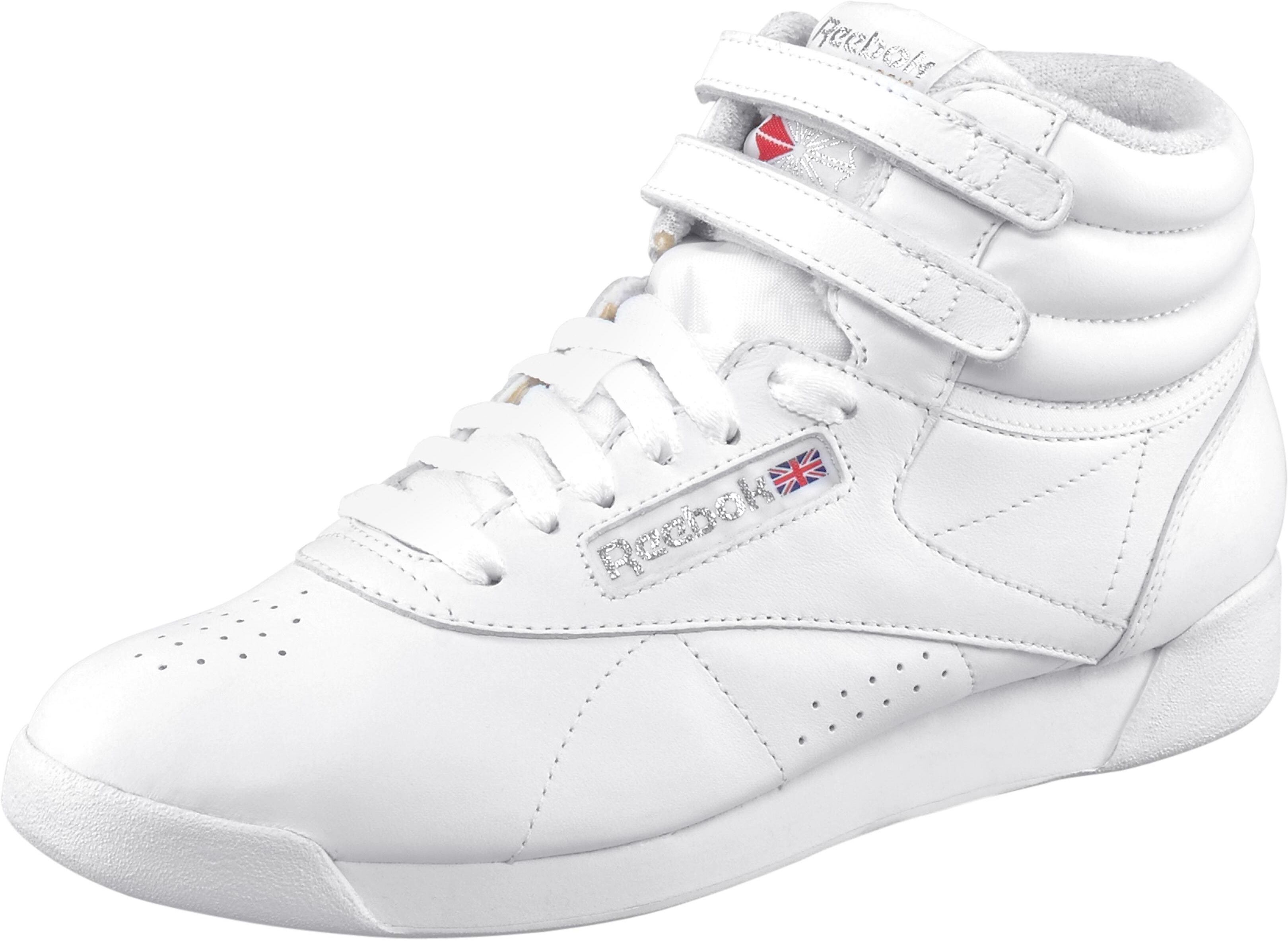 Sneaker REEBOK CLASSIC "Freestyle Hi", Damen, Gr. 40,5, weiss (int, weiß, silber), Leder, Schuhe Sneaker int, weiß, silber 40,5