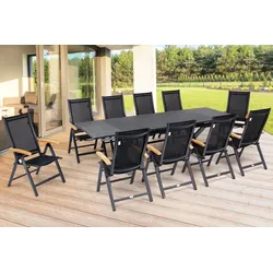 OUTFLEXX Garten-Essgruppe, OUTFLEXX® anthrazit matt, Alu / Spraystone / Teak, Tisch 180/280x100cm, 10 Klappstühle