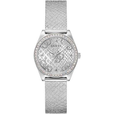 Quarzuhr GUESS "BOA", silber (silberfarben), Armbanduhren, Damen, Quarzuhr, Armbanduhr, Damenuhr, Kristallsteine, Mineralglas, Edelstahlarmband