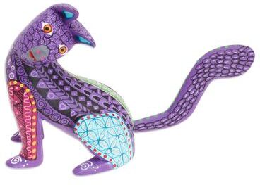 Novica Handmade Curious Cat In Purple Wood Alebrije Figurine