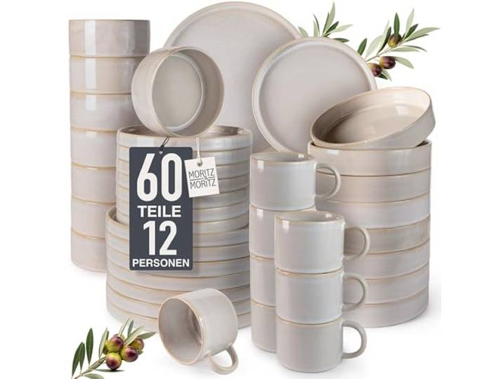 Moritz & Moritz Steingut Geschirrset 12 Personen Beige - Teller Set aus Steingut 60-teilig - Geschirr Set aus je 12 Dinnerteller, Dessertteller, Suppenteller, Schüsseln und Tassen - Serie Castello