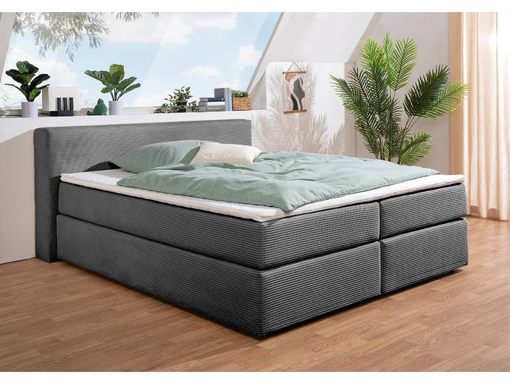 Boxspringbett, Grau, 207x225 cm, Cord, Inkl. Matratze & Topper, Modern, andas