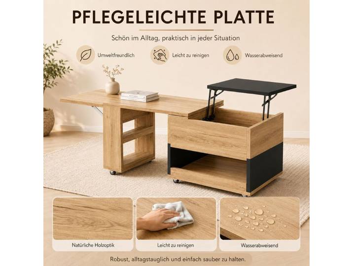 Table basse multifonctionnelle - ZEVKOR - 161 5×46×67 cm - Plateau relevable - Pivot 360° - Rangement dissimulé