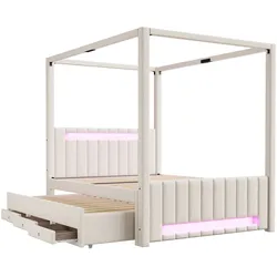 MODFU Himmelbett Polster-Leinen Beige 140x200 cm mit Ausziehbett, 3 Schubladen und LED-Beleuchtung
