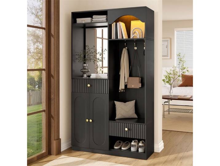 Vestiaire Garderobe d'Entrée avec Miroir et Banc - 100x35x180 cm - Meuble Chaussures Éléments Portemanteau LED - Noir