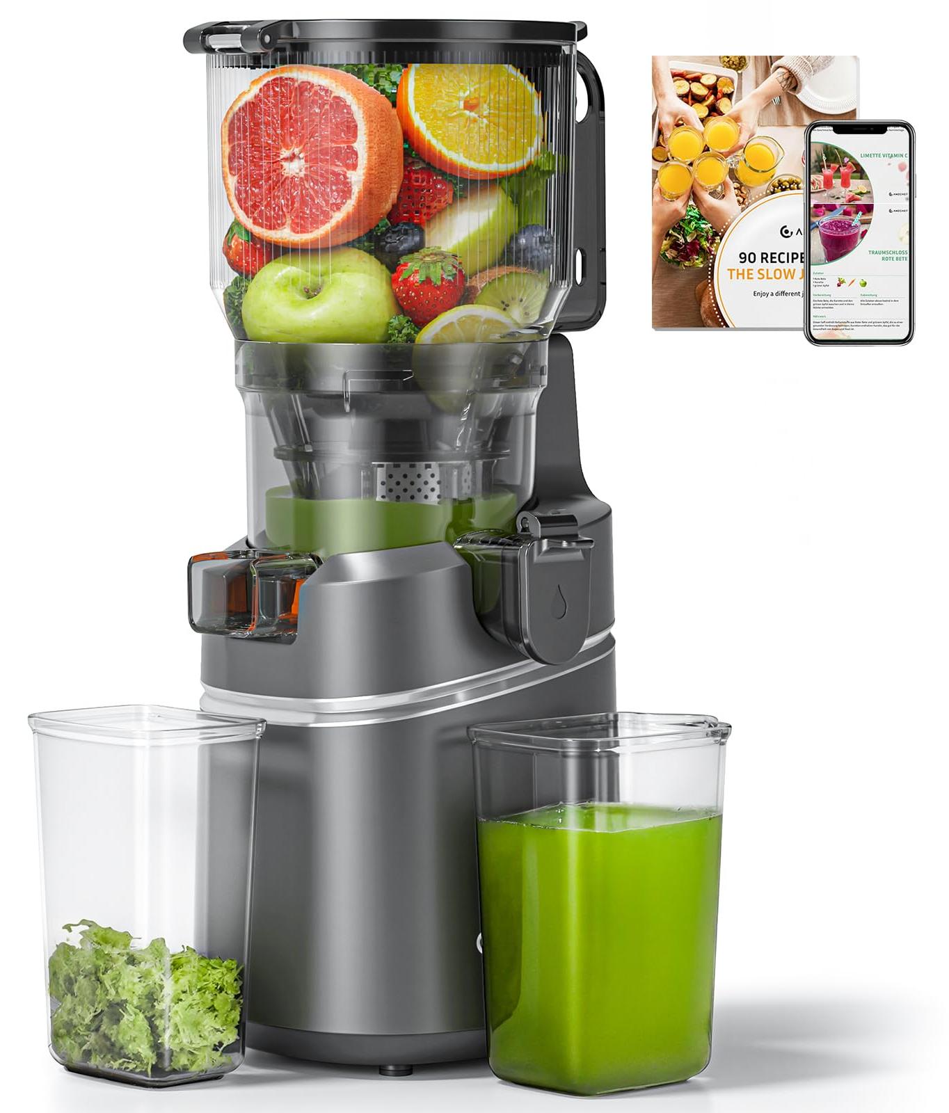 Slow Juicer 250 W, XL-Einfüllöffnung 150 mm, 2 l, Dreifachfilter, grau
