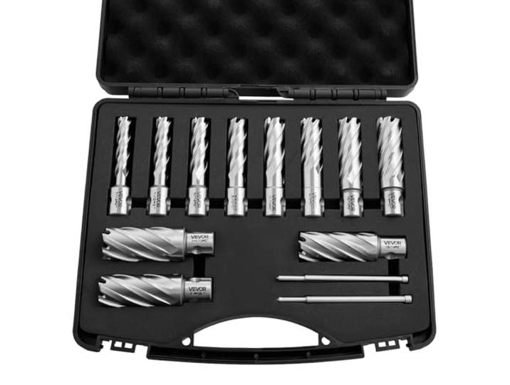 VEVOR Coffret de Fraises Annulaires HSS\, Fraises à Carotter pour Perceuse Magnétique\, 13 Pièces dont 2 Goupilles Pilotes\, Queue Universelle\, Profondeur de Coupe 50\,8 mm\, Diamètre 11\,11 à 26\,98 mm