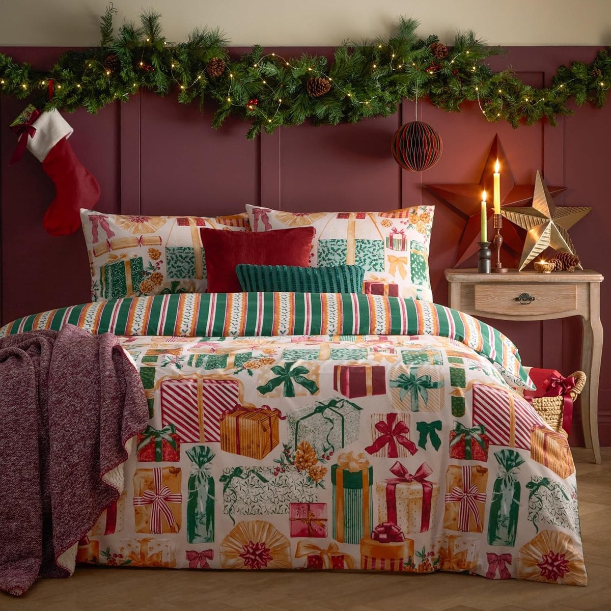 Dekbedovertrek Set Kerst Beddengoed Smaragd Rood Eenpersoons Omkeerbaar Design