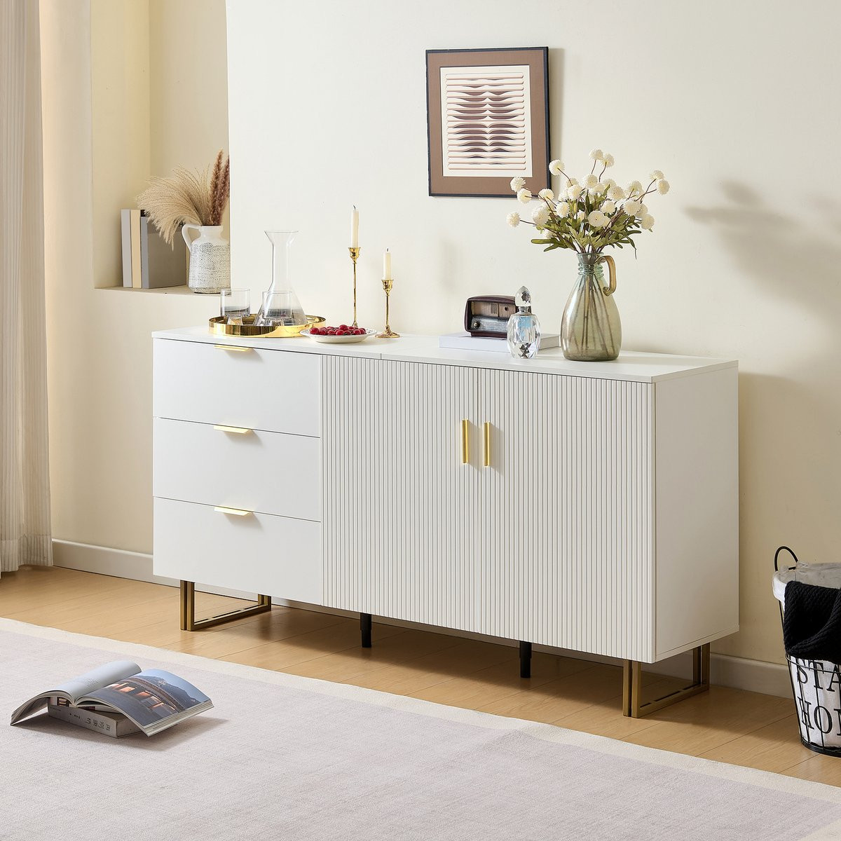 Zubaliya Modern Sideboard Wit-Goud, B/D/H: 160 x 40 x 75 cm