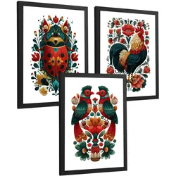 POSTER 3er-Set Kunstdrucke im Folk-Stil, dekorative Tier Blumenmotive, farbenfrohe Kunstposter für Zuhause, Wohnzimmer, Badezimmer Schwarzer Rahmen A4