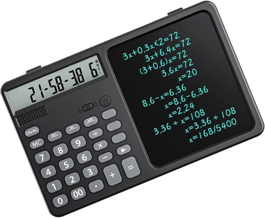 INF Schreibtafel mit Taschenrechner, wiederaufladbares LCD-Schreibpad mit integriertem Taschenrechner, Ein-Tasten-Sperre & Schwarz