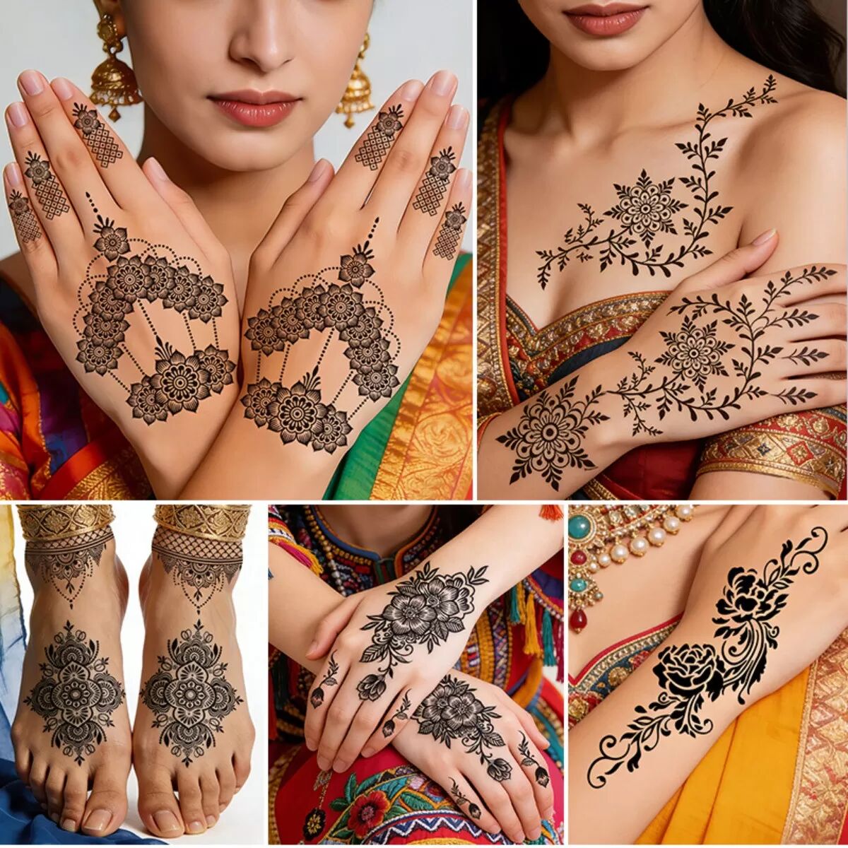 INF Autocollants de Tatouages Temporaires Dentelle Noire - Motifs Floraux Henné Imperméables (10 Feuilles)
