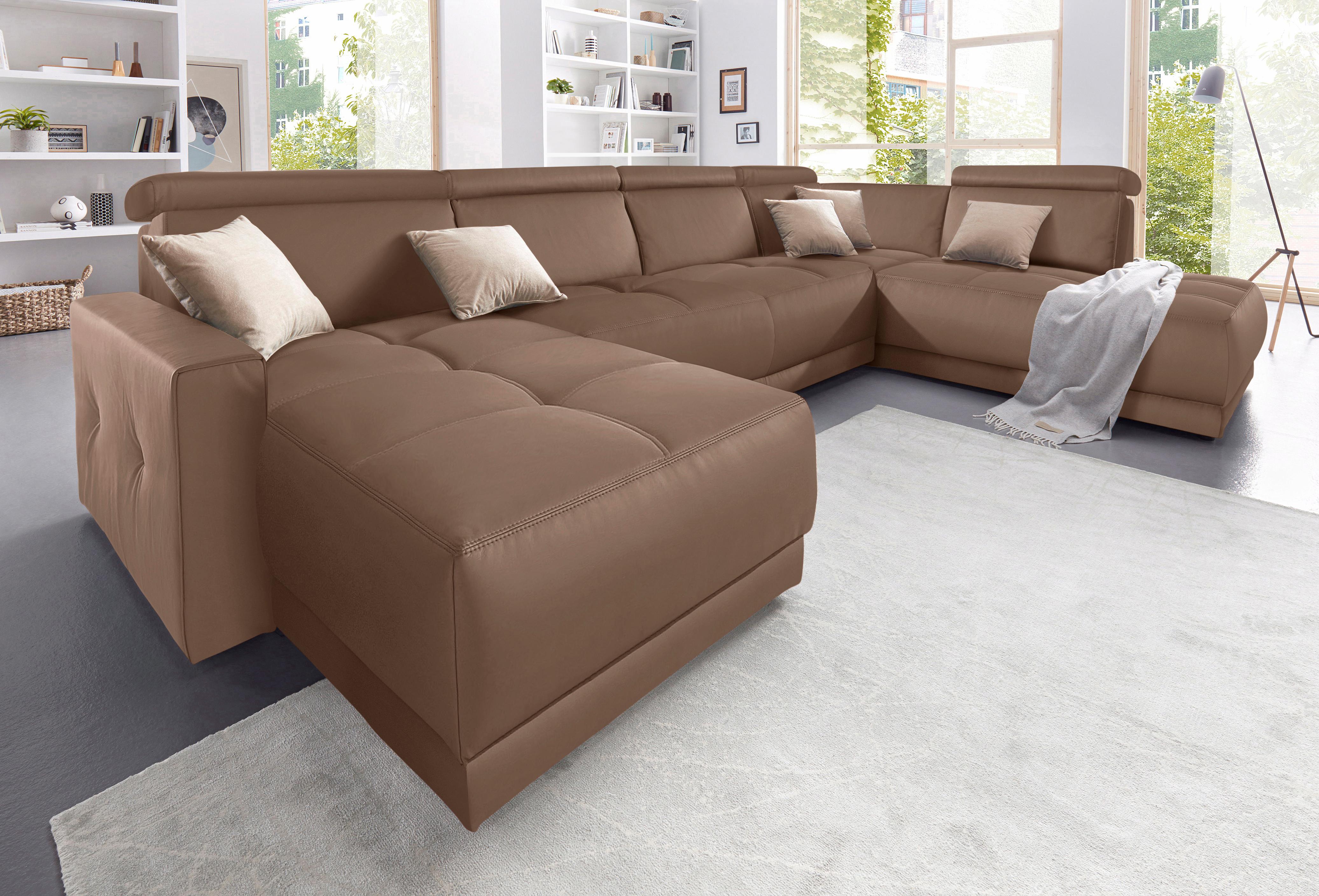 Wohnlandschaft DOMO COLLECTION "Ava moderne Sitzheftung mit toller Doppelnaht, komfortabel, U-Form", braun (espresso), B:351cm H:84cm T:222cm, Zierkissen: Microfaser PRIMABELLE (100% Polyester);Struktur (100% Polyester);Microfaser PRIMABELLE (100% Polyest