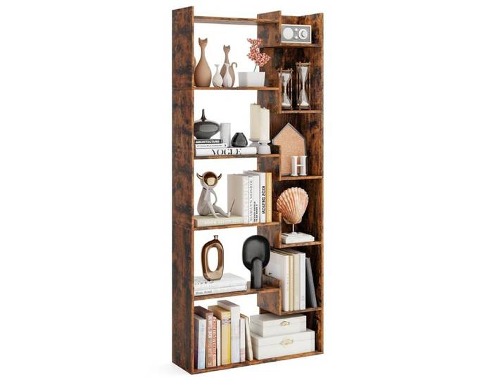 GOPLUS Bibliotheque pour Salon à 6 Niveaux 11 Etagères Ouvertes avec Kit Anti-basculement 69x22x163cm Style Moderne Marron