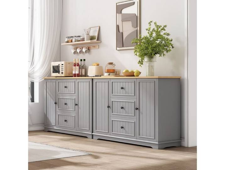 Bahut moderne élégant 3 tiroirs portes style réfrigérateur buffet pour salon salle à manger gris