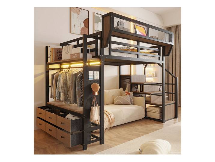STILVORA Hochbett 140×200 mit Stauraum Metallbett Funktionbett, ohne Matratze (Jugendbett mit Stauraumlösung, modernes Schlafmöbel, Metallrahmen, LED-Lichtleiste, Stoffschubladen, Ablagen)