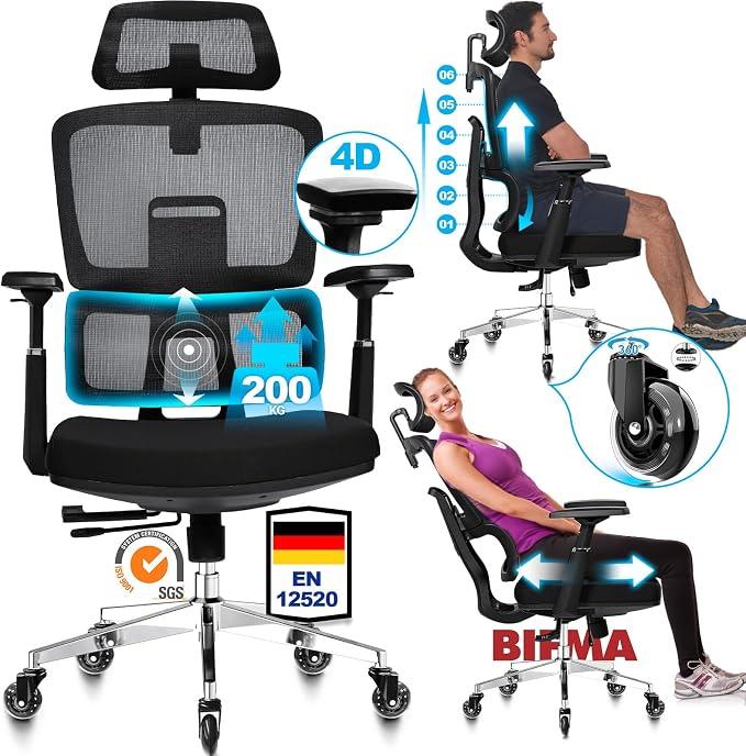 Bürostuhl Ergonomisch 200kg mit Verstellbarer Rückenlehne