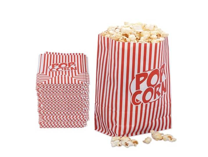 Relaxdays Sachets à popcorns\, lot de 48\, rayés\, style rétro\, accessoires soirée film\, papier\, petits sacs\, rouge - blanc