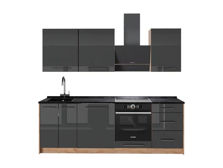 Vicco Küchenzeile Fame-Line, Anthrazit Hochglanz/Goldkraft Eiche, 230 cm ohne Arbeits...