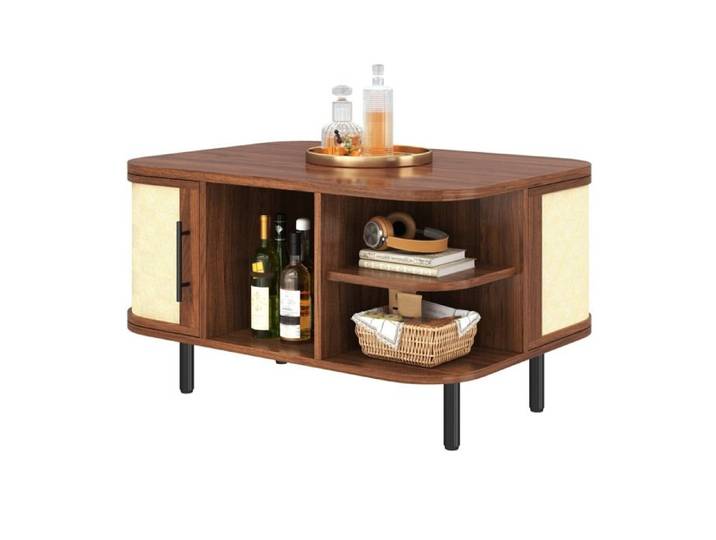 Table basse avec rangement 80x60x47 cm couleur noyer en MDF portes étagères ouvertes et pieds métalliques FOLYNA