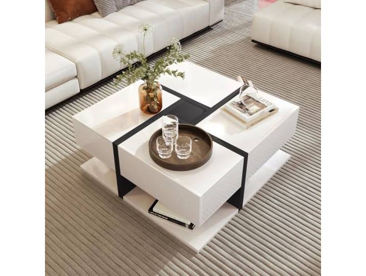 Table basse - Design carré - Blanc - 4 tiroirs - Finition brillante - 78x78x36 cm