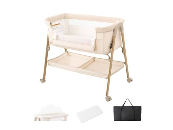 Kakbgee Beistellbett, Faltbares Babybett, Kinderbett Babybett Mit Waschbarer Matratze, Moskitonetz, Tasche – Reisebett Für Neugeborene 0-6 Monate, Bis 9 Kg, Holzmaserung, Khaki