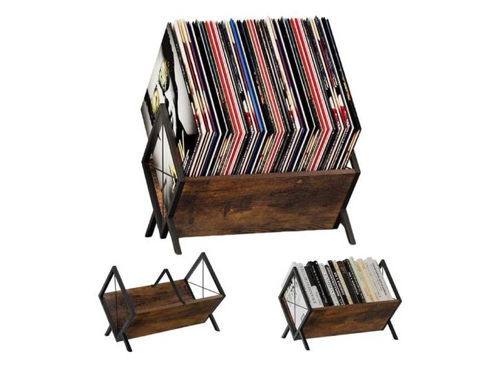 Meuble rangement vinyles 80-100 disques séparateur réglable bois et métal finition marron rustique