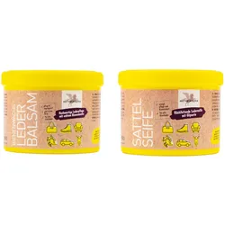 B & E Leder Pflege 2 x 500 ml - Bienenwachs-Lederpflege-Balsam + Sattelseife mit Schwamm