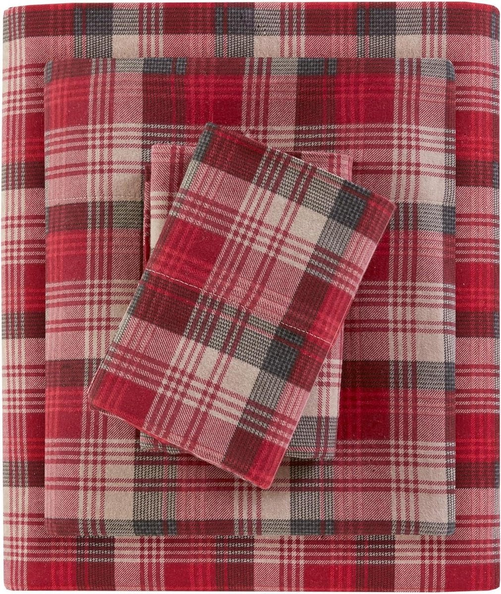 4-delige katoenen flanellen lakenset Queensize - Rood geruit - 160 GSM