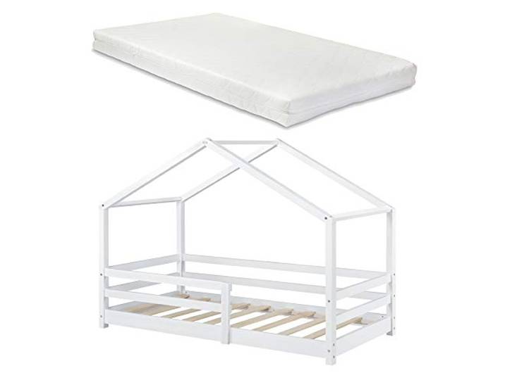 [en.casa] Kinderbett Knätten mit Matratze und Rausfallschutz 90x200cm Hausbett mit Kaltschaummatratze Bettenhaus mit Lattenrost Kiefernholz Einzelbett Weiß
