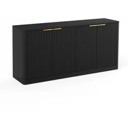 SIDEBOARD Schwarz & Holz-Optik 150 cm mit Wellen-Design & 4 Türen