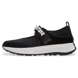 Fitflop für Damen. A8Z-001 F-Mode FloPearl & Crystal Mary-Jane Sneaker schwarz (40), Stoff, Wohnung, Klettverschluss, Lässig