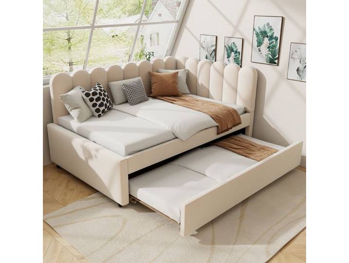Lit de jour avec lit gigogne - 3 Places -90x190 et 140x200 cm - Velours beige - Lit gigogne