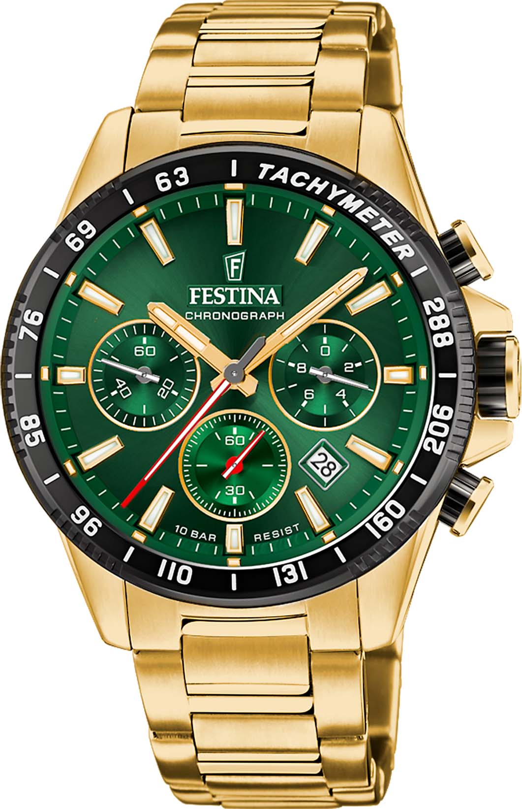 Chronograph FESTINA "Timeless Chronograph", gold (goldfarben, grün, grün), Armbanduhren, Herren, goldfarben-schwarz, Chronograph, Armbanduhr, Quarzuhr, Herrenuhr, Stoppfunktion, Edelstahlarmband