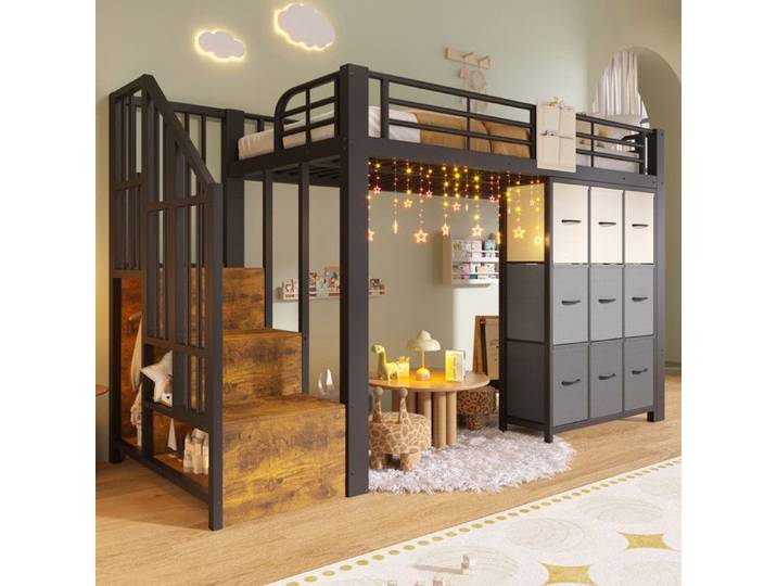 Lit mezzanine 90x200 cm avec tiroirs Lit 1 personne avec penderie et accoudoirs Lit adulte Cadre de Lit Adulte Noir