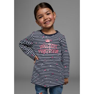 Langarmshirt KIDSWORLD "Vollzeit Prinzessin", Mädchen, Gr. 140/146, blau (marine, weiß, gestreift), Jersey, Obermaterial: 95% Baumwolle, 5% Elasthan, bedruckt, gestreift, Basic hüftlang, Rundhals, abgesteppte Kante, Shirts Langarmshirt, Langarm,...