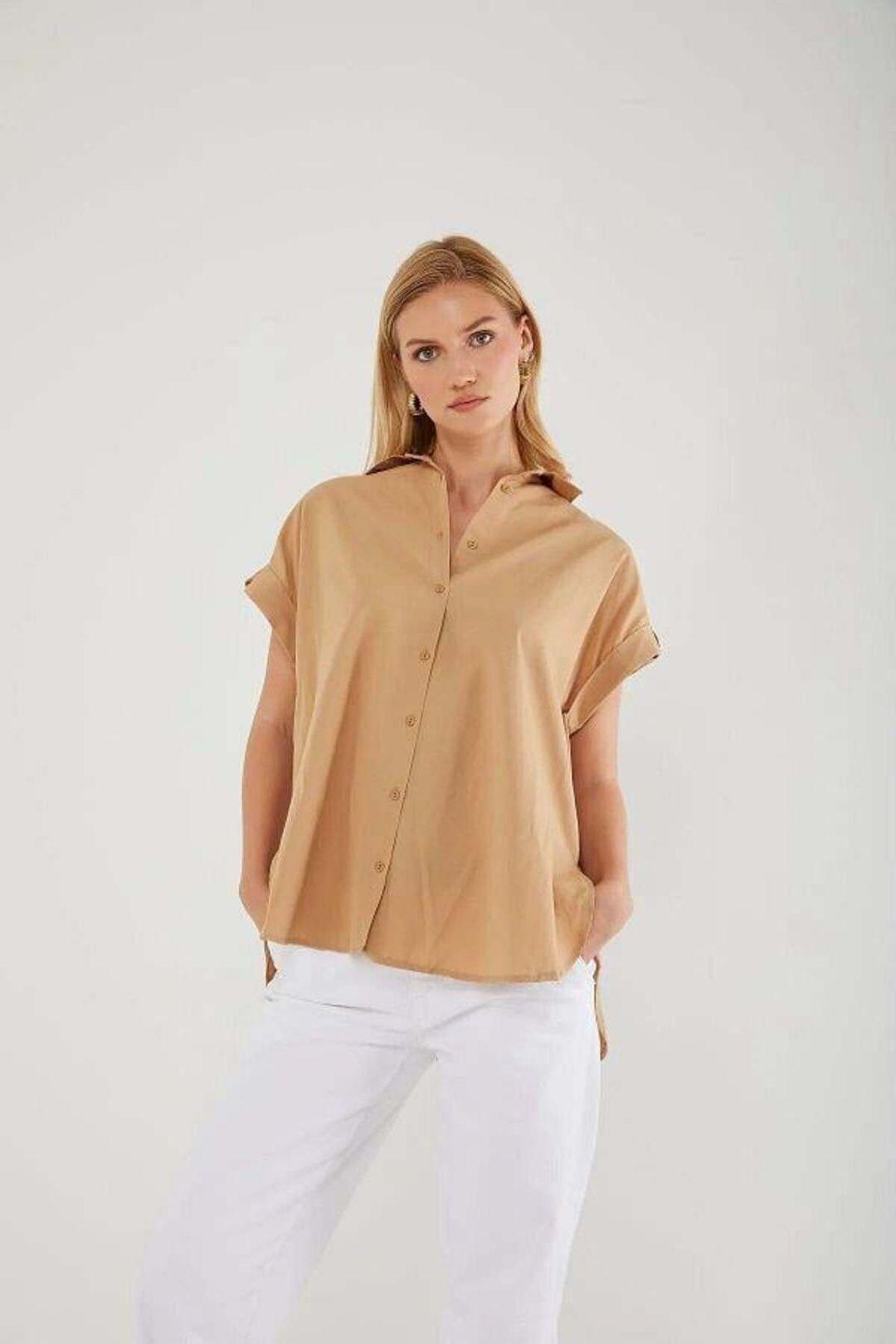 Overmaatse Korte Mouwen Poplin Overhemd met Knopen