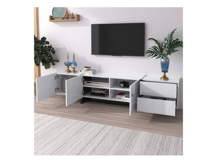 MC Star TV-Ständer lowboard Panel mit farbblockierten Beinen in Hochglanz-Weiß Schwarz, (mit Türen und Schubladen, Türen mit Regalen. Einfaches Liniendesign)