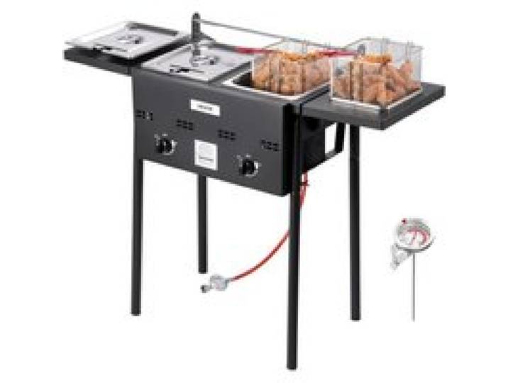 VEVOR Propan-Fritteuse Outdoor gewerbliche Fritteuse mit 2 Tanks (9 L x 2), Edelstahl-Kocher mit faltbarer Plattform & Doppelkorb & Wärmeregulierung, Standfritteusen für Restaurants Snackbars.Die Gasventilschnittstelle ist nur mit Deutschland kompatibel.
