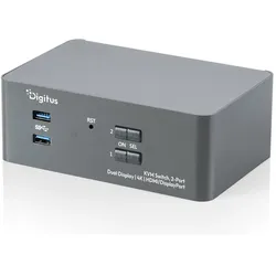 Digitus KVM-Switch, 2-Port, Dual-Display, 4K, HDMI/DisplayPort, KVM Switch, Schwarz, Grau