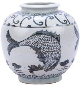 Legend of ASIA 15 in H Blue & White Yuan Fish Open Top Jar Porcelain