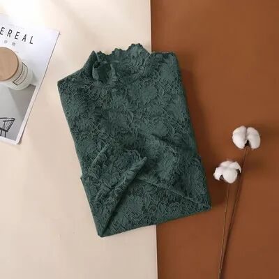 Fashion Sheath Elegant High Neck Sheer Lace Blouse Vintage Long Sleeve Crochet Top For Women peacock xxl