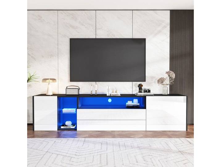 Meuble TV 180 x 40 x 45 cm meuble TV Lowboard LED haute brillance meuble TV avec 2 tiroirs meuble TV épissure noir et blanc