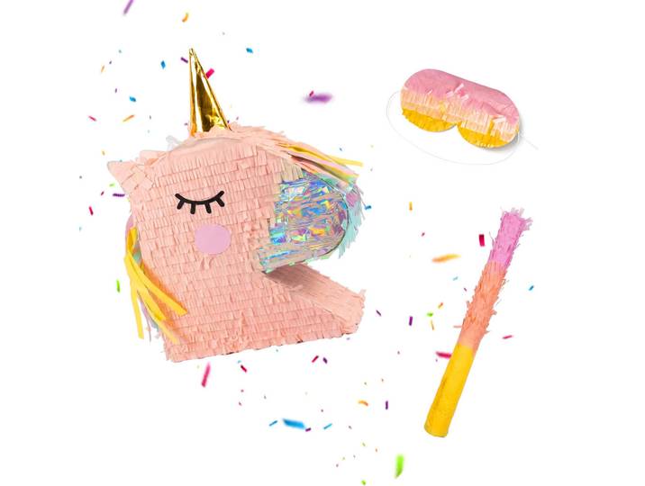 Relaxdays Pinata Braun Einhornkopf 3-tlg.-Set mit Stab und Maske, Pink, Papier, Wellpappe, Kunststoff, 43x49.5x10 cm, Dekoration