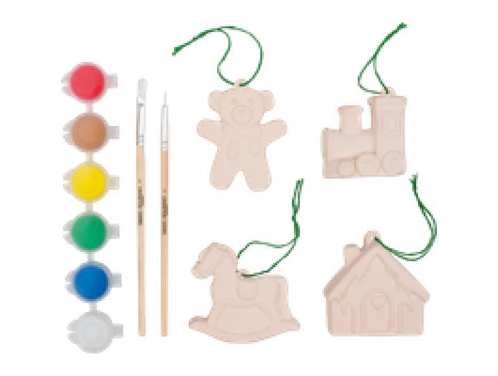 CRELANDO® Set de peinture de figurines de Noël (Train/cheval à bascule/ours en peluche/maison)