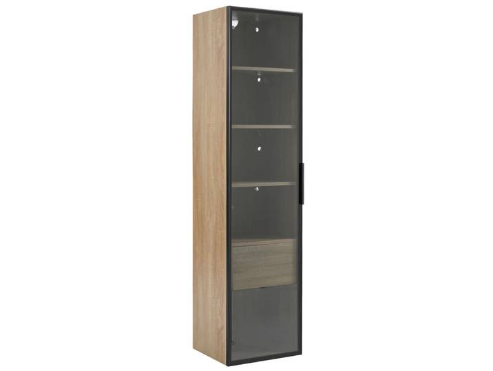Vitrine haute effet bois clair 1 grands tiroirs 1 portes, avec LED